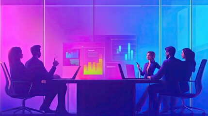 Futuristic corporate strategy meeting with innovative data visualizations and presentations