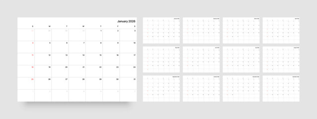 Monthly calendar layout for 2026 year. Minimalistic Diary planner for 2026 year. Week Starts on Sunday. 