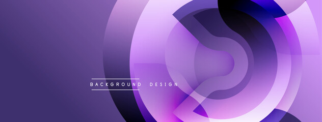 Abstract purple design features overlapping circles, gradients. Modern background suitable for digital projects, presentations. Smooth shapes create dynamic visual effect.