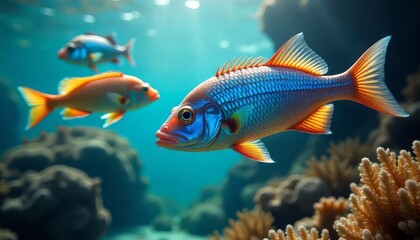 Fototapeta premium Fish Swimming in Ocean with Coral and Sunlight