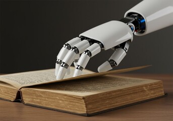 close up of robot hand reading a book or touching a book to study