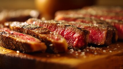 Juicy medium-rare ribeye steak slices on a wooden board, showcasing rich textures and grill marks. A rustic culinary delight.
