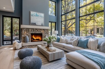 Cozy living room with a fireplace, large windows overlooking trees, a grey and blue color scheme