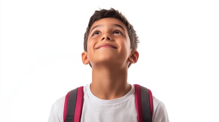 Portrait of a happy Latin schoolboy with a backpack looking up at the sky, isolated on a white background