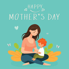 happy mothers day flat vector illustration with mom and child hugging.