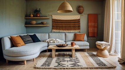 Generative AI, Scandinavian boho living room with tribal textures