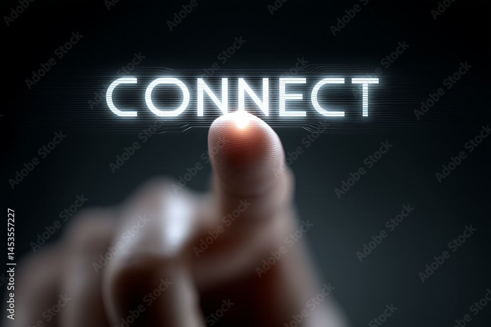 Aufkleber close up front view of a hand touching a futuristic screen with the word connect displayed