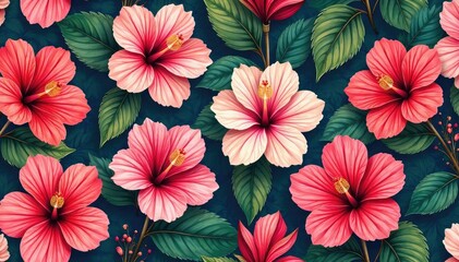 Bold hibiscus blooms, vibrant tropical print, endless repeat , flower, colourful