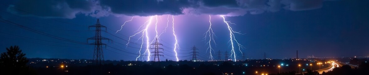 Massive lightning strike over city's power grid at night , storm, urban night, thunder