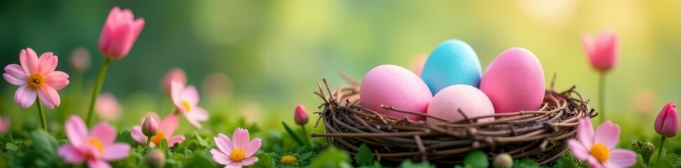 Pastel colored eggs in a nest, spring flowers , image, photography, celebration