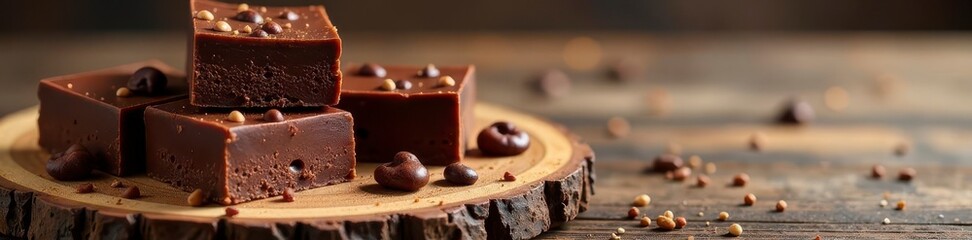 Rich chocolate fudge pieces, rustic wood board, detail, closeup, creamy
