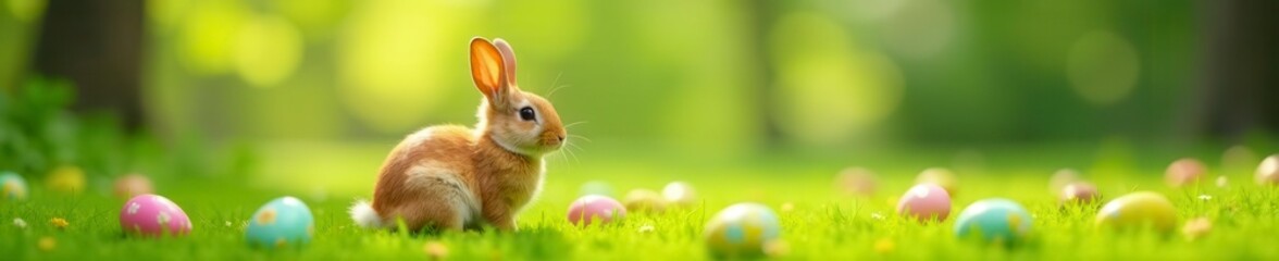 Red rabbit sits amidst colorful Easter eggs scattered on vibrant green grass , field, march, spring