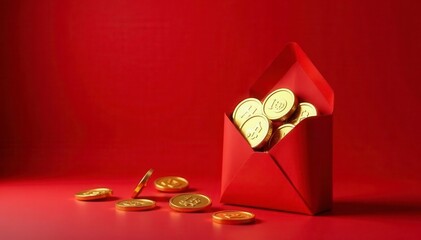 Scattered gold coins emerge from crimson envelopes against a deep red backdrop , bonus, gift, riches