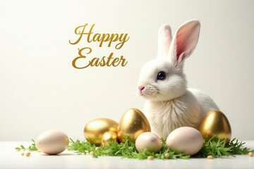Several golden eggs and elegant Happy Easter lettering on pure white backdrop , easter decoration, design, bright