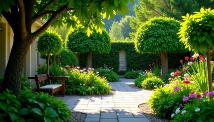 Shady patio, stone path leads to flourishing garden , landscaping, summer, peaceful