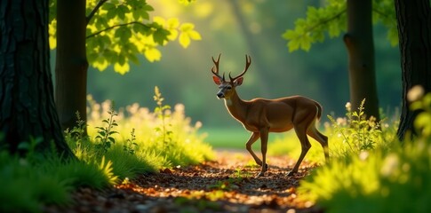 Sika deer gracefully walks forest path, dappled sunlight filtering through leaves , majestic, wildlife photography