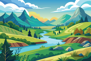 Serene Mountain Valley Landscape Illustration