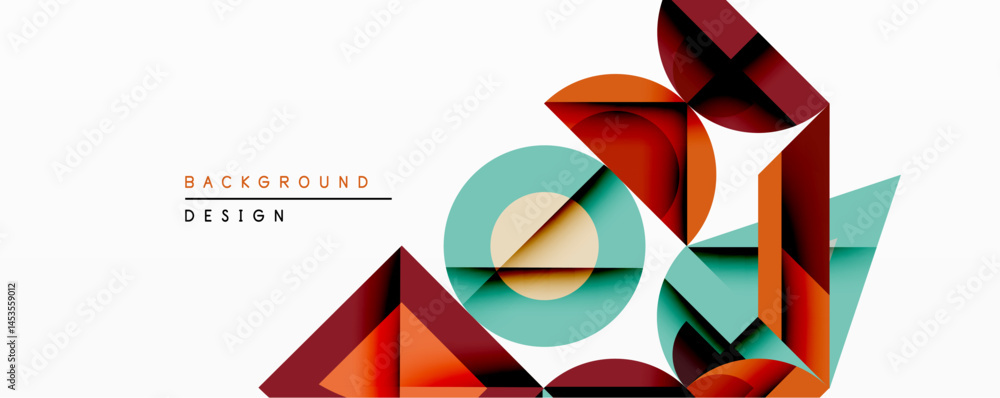 Poster abstract geometric shapes overlap, creating dynamic composition. warm colorsorange, redcontrast cool