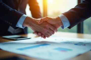 Two hands shaking above a table with documents , professional, business