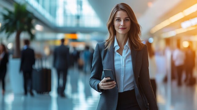 professional businesswoman in a sharp suit walking through a busy airport terminal, holding a mobile phone