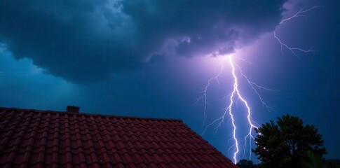 Dramatic lightning bolt over red tiled roof, stormy sky, fiery, vivid
