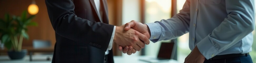 Elegant advisor & investor handshake in modern office, workplace, authority, ambition