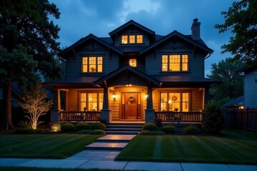 Night falls on Craftsman house; exterior & interior lights create inviting ambiance , house, photography