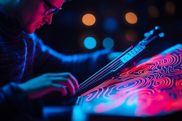 Musician passionately playing electric cello under vibrant neon illumination