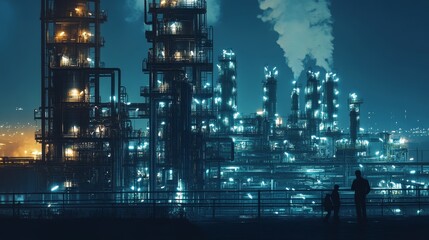 Fototapeta premium Refinery industrial engineers working and discussing in front of an oil and gas industrial plant