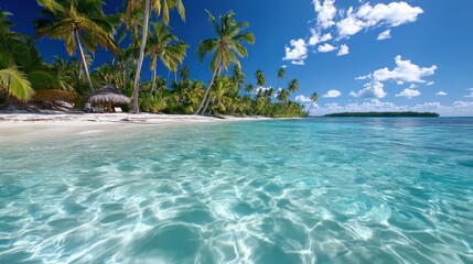 Naklejka premium Tropical Beach Paradise with Palm Trees and Clear Blue Ocean Serenity