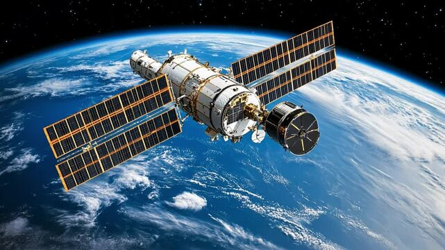 Orbital Sentinel: A cutting-edge satellite, a symbol of technological prowess, orbits Earth, its solar panels outstretched against the backdrop of the vast, star-studded cosmos.