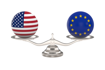Two balls with flag america, eu and scale on white background. Isolated 3D illustration