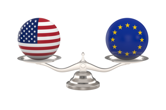 Two balls with flag america, eu and scale on white background. Isolated 3D illustration