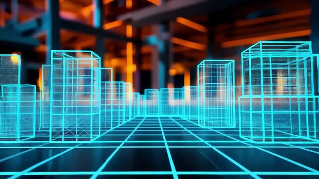 Digital Cityscape: A futuristic representation of a city rendered in vibrant blue and orange hues, featuring an abstract.