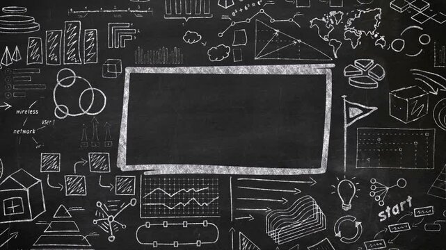 Educational shapes and topics on a blackboard, a topic for use in educational spaces and schools