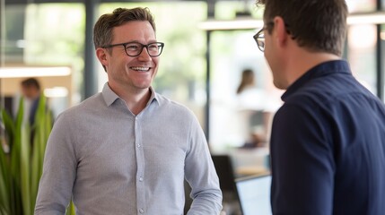 Smiling men in business casual attire with glasses engaged in a friendly conversation in a modern office