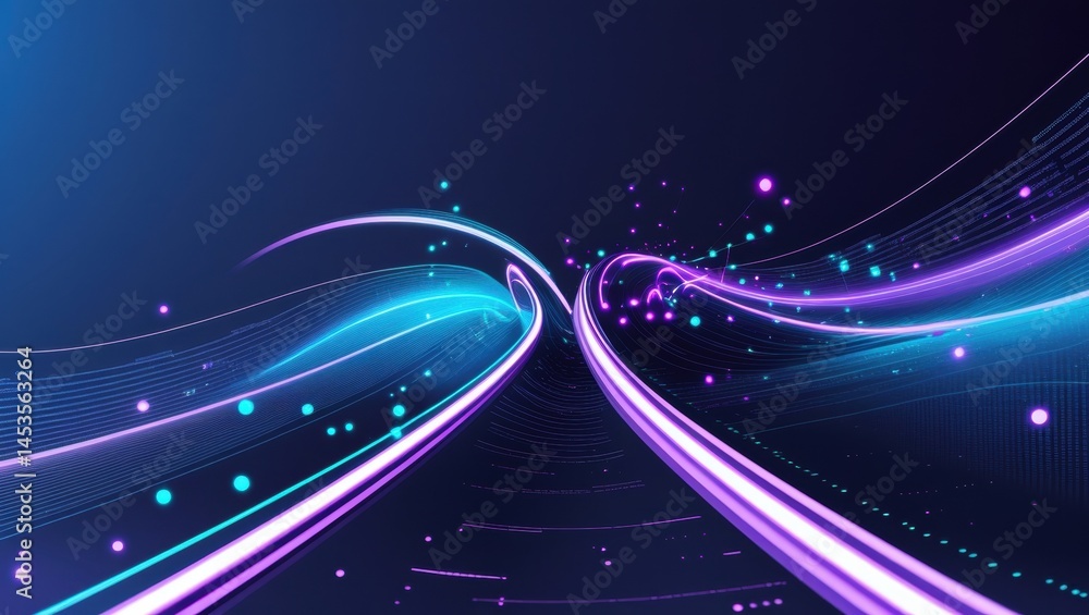 Poster dynamic digital lines of light gracefully curve against a deep blue backdrop, creating an atmosphere