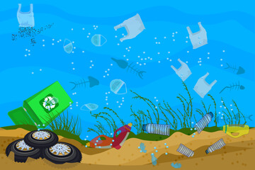 Ocean bottom full of waste. Water pollution. Garbage in sea. Litter in ocean, dead sea, dirty water. Plastic trash in ocean. Ecology problem of marine pollution. Stop sea pollution.Vector illustration