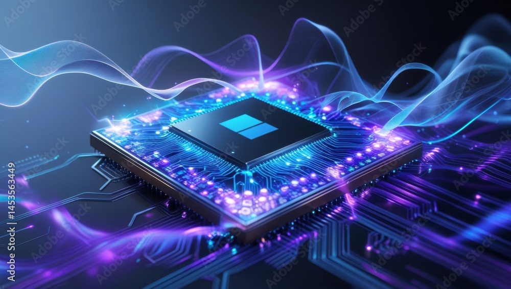 Poster a vibrant digital illustration showcases a computer processor, symbolizing advanced technology and i