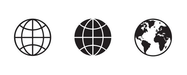 Three Globe Icons Outline, Filled, and Detailed World Map
