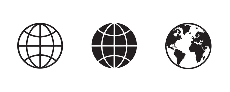 Three Globe Icons Outline, Filled, and Detailed World Map