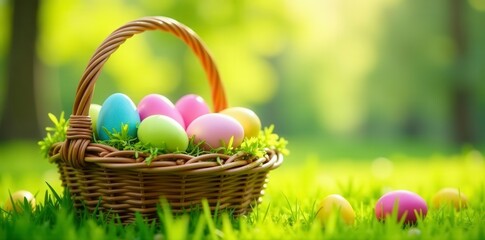 Wicker basket overflowing with colorful Easter eggs, bathed in spring sunlight, nestled in vibrant green grass , spring, holiday, happy