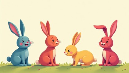 Whimsical cartoon rabbits, diverse poses and hues, art, playful rabbit