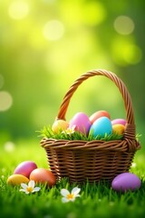 Wicker basket overflowing with colorful Easter eggs, sunny spring background, tradition, vibrant