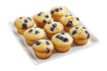 Nine golden blueberry muffins with juicy berries in rows arranged in a white tray, top view isolated on white transparent background, concept of homemade baking