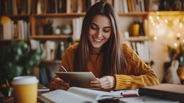 smiling woman sitting at a home desk, writing in a notebook while holding a tablet, cozy home environment with books and a mug of coffee