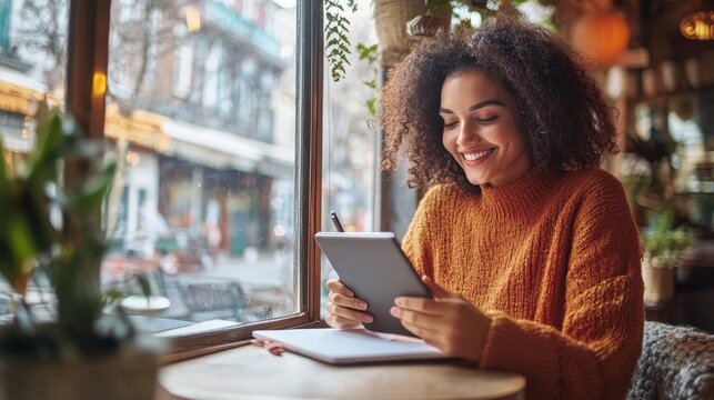 smiling woman writing in a notebook while holding a tablet, sitting at a cozy cafe table, natural light streaming through the window - Powered by Adobe