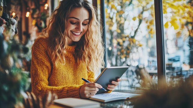smiling woman writing in a notebook while holding a tablet, sitting at a cozy cafe table, natural light streaming through the window