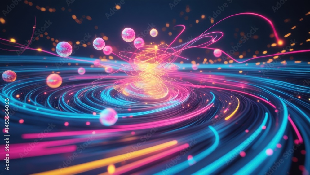 Poster abstract illustration featuring a vortex with streams of colorful energy, dynamic and full of moveme