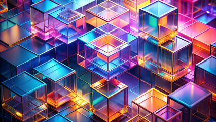 Nowoczesne Neonowe Tło z Przezroczystymi Bryłami – Grafika Technologiczna i Naukowa